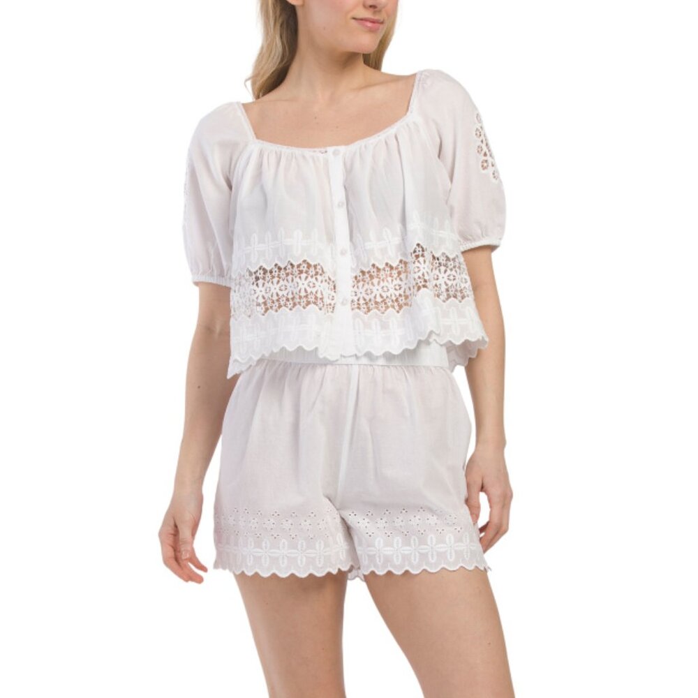 CALYPSO ST. BARTH White 2pc Cotton Embroidered Eyelet Shorts Set